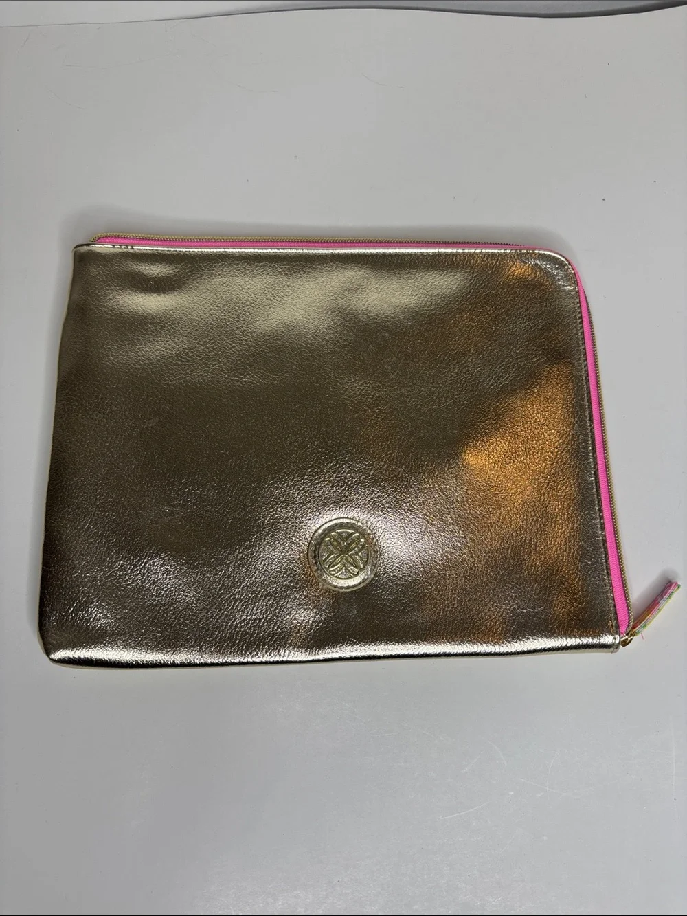 Lilly Pulitzer Gold Metallic Cosmetic Pouch with Pink Trim